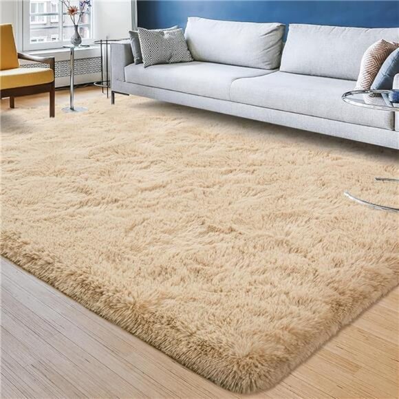Large Fluffy Rug for Living Room Bedroom, 5 x 8 Feet Beige Shag Area Rugs Soft - Picture 1 of 7